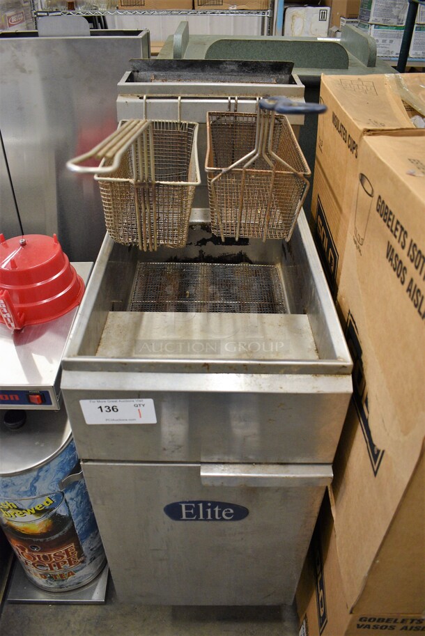 NICE! Elite Model EFS-40 Stainless Steel Commercial Floor Style Natural Gas Powered Deep Fat Fryer w/ 2 Metal Fry Baskets. 105,000 BTU. 15.5x31x46