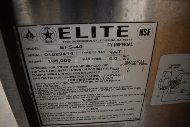 NICE! Elite Model EFS-40 Stainless Steel Commercial Floor Style Natural Gas Powered Deep Fat Fryer w/ 2 Metal Fry Baskets. 105,000 BTU. 15.5x31x46 - Image 6 of 6