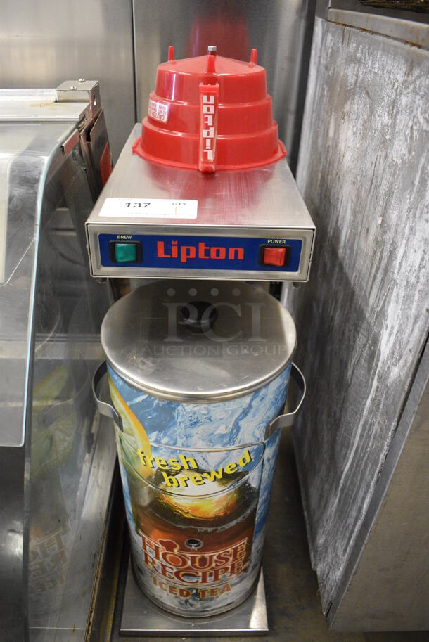 NICE! Metal Commercial Countertop Iced Tea Machine w/ Metal Beverage Holder Dispenser and Poly Brew Basket. 9.5x20x28 - Image 1 of 3