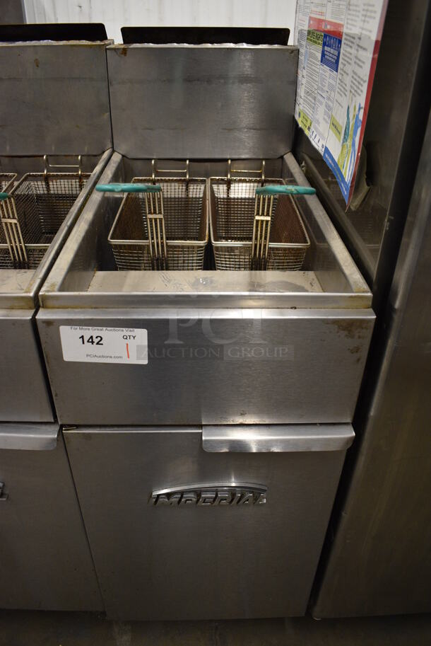 NICE! Imperial Stainless Steel Commercial Floor Style Gas Powered Deep Fat Fryers w/ 2 Metal Fry Baskets. 15.5x30x46