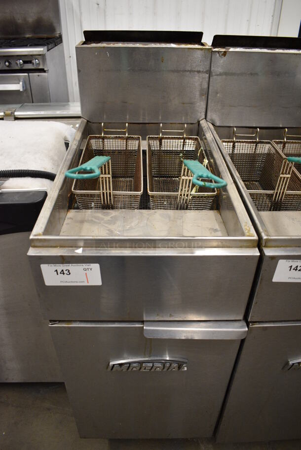 NICE! Imperial Stainless Steel Commercial Floor Style Gas Powered Deep Fat Fryers w/ 2 Metal Fry Baskets. 15.5x30x46