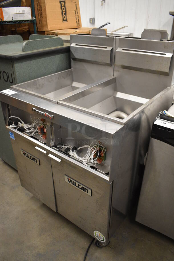 APPEARS TO BE NEW! AMAZING! Vulcan Model 2VK45DC Stainless Steel Commercial Floor Style Gas Powered 2 Bay Deep Fat Fryer w/ Filtration System on Commercial Casters. Missing Control Panel. 31x30x48 - Image 2 of 8