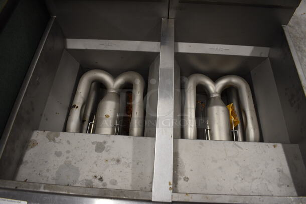 APPEARS TO BE NEW! AMAZING! Vulcan Model 2VK45DC Stainless Steel Commercial Floor Style Gas Powered 2 Bay Deep Fat Fryer w/ Filtration System on Commercial Casters. Missing Control Panel. 31x30x48 - Image 3 of 8