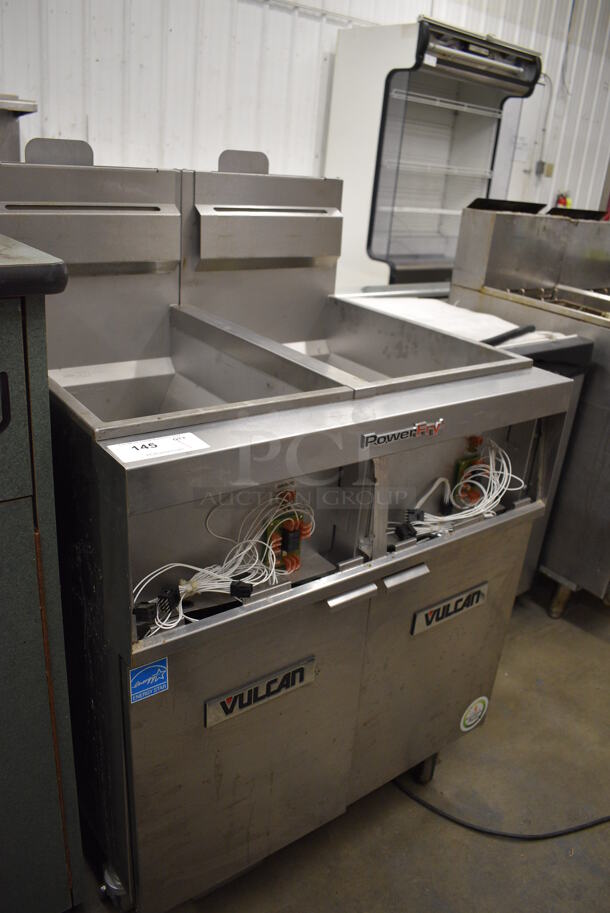 APPEARS TO BE NEW! AMAZING! Vulcan Model 2VK45DC Stainless Steel Commercial Floor Style Gas Powered 2 Bay Deep Fat Fryer w/ Filtration System on Commercial Casters. Missing Control Panel. 31x30x48 - Image 4 of 8