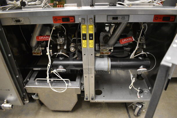 APPEARS TO BE NEW! AMAZING! Vulcan Model 2VK45DC Stainless Steel Commercial Floor Style Gas Powered 2 Bay Deep Fat Fryer w/ Filtration System on Commercial Casters. Missing Control Panel. 31x30x48 - Image 6 of 8