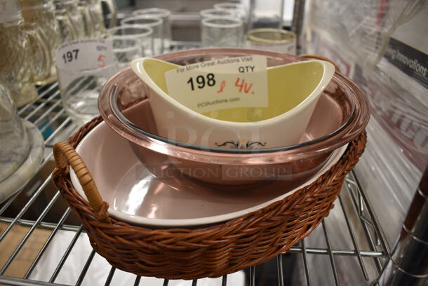 4 Various Glass/Ceramic Dishes. Includes 8.5x8.5x3. 4 Times Your Bid! - Image 1 of 2