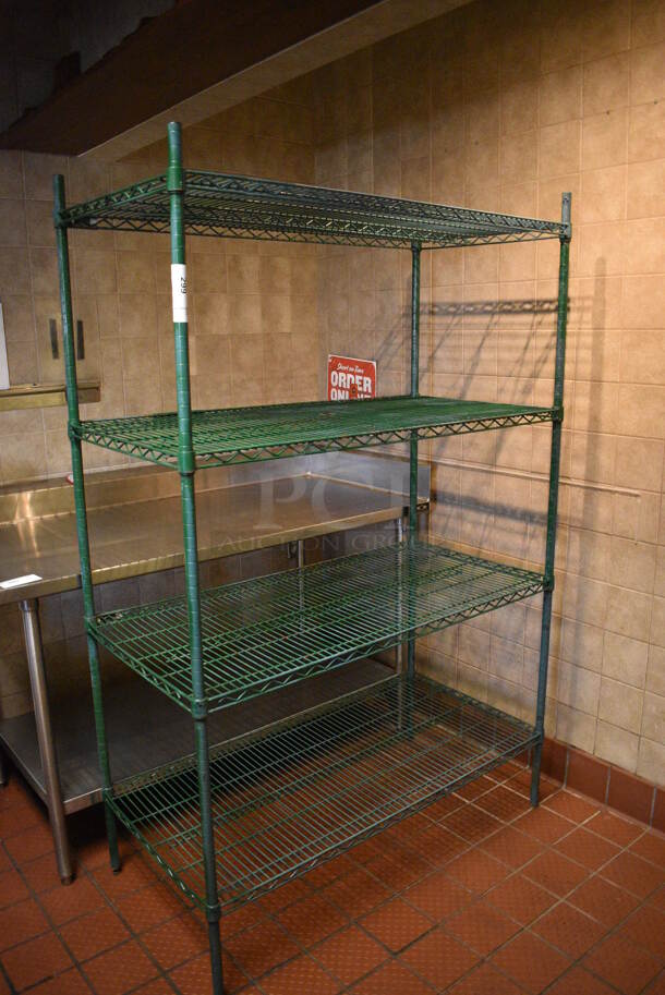 Green Finish 4 Tier Metro Style Shelving Unit. BUYER MUST DISMANTLE. PCI CANNOT DISMANTLE FOR SHIPPING. PLEASE CONSIDER FREIGHT CHARGES. 48x24x75