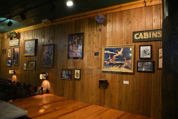 ALL ONE MONEY! Lot of Various Wall Decorations Including Cabins Sign, Various Duck / Bird Pictures, Rush View Cottage Sign, 2 Birdhouses, Camp Fire Coffee Sign! BUYER MUST REMOVE - Image 1 of 7