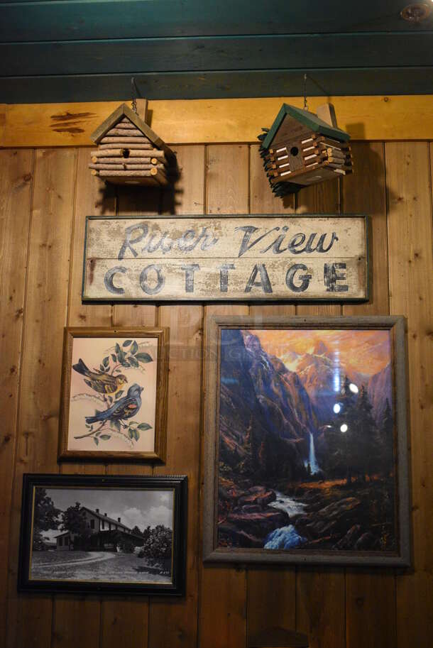 ALL ONE MONEY! Lot of Various Wall Decorations Including Cabins Sign, Various Duck / Bird Pictures, Rush View Cottage Sign, 2 Birdhouses, Camp Fire Coffee Sign! BUYER MUST REMOVE - Image 6 of 7
