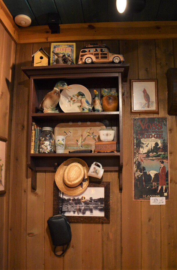 ALL ONE MONEY! Lot of Various Wall Decorations Including Shelf w/ Knickknacks, Hat, Voss Sign and Bird Picture! BUYER MUST REMOVE - Image 1 of 4