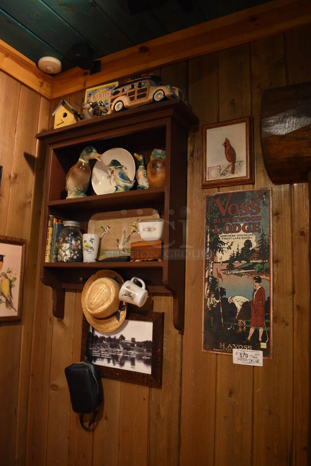 ALL ONE MONEY! Lot of Various Wall Decorations Including Shelf w/ Knickknacks, Hat, Voss Sign and Bird Picture! BUYER MUST REMOVE - Image 2 of 4