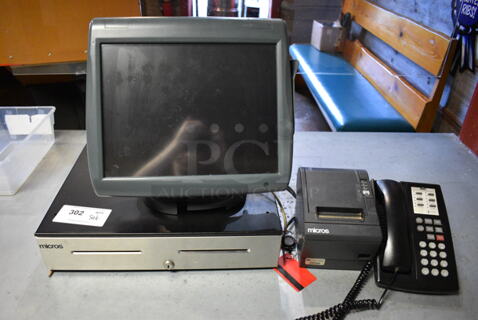 ALL ONE MONEY! Lot of 15" POS System Monitor, Epson Model M129C Receipt Printer, Micros Cash Drawer and Corded Telephone! 