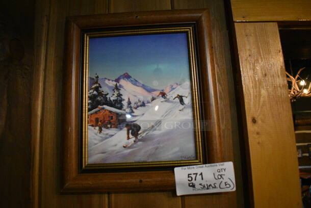 ALL ONE MONEY! Lot of Various Wall Decorations Including 5 Pictures; Skiing Picture, Black and White Dining Room Picture, Snowmobile Route Sign, Trail Sign and Winter Scene! BUYER MUST REMOVE - Image 2 of 5