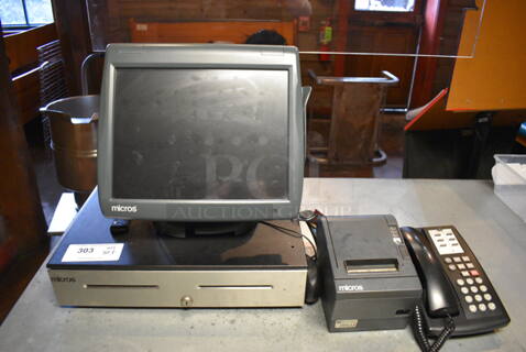 ALL ONE MONEY! Lot of 15" POS System Monitor, Epson Model M129C Receipt Printer, Micros Cash Drawer and Corded Telephone! 