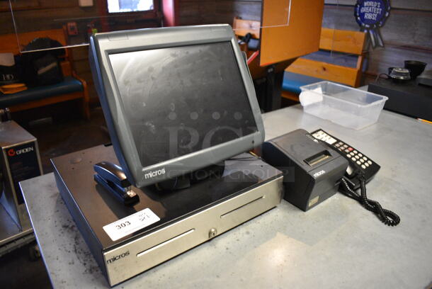ALL ONE MONEY! Lot of 15" POS System Monitor, Epson Model M129C Receipt Printer, Micros Cash Drawer and Corded Telephone!  - Image 2 of 4