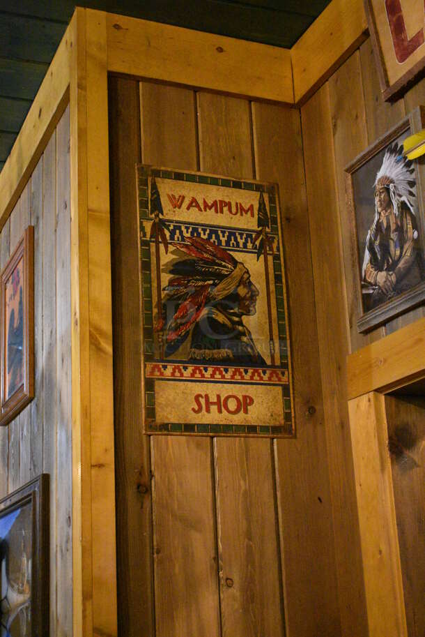 ALL ONE MONEY! Lot of Various Wall Decorations Including 9 Native American Decorations; Cabins Sign, Canoe Decor, Genuine Indian Souvenirs Sign, and Various Pictures! BUYER MUST REMOVE - Image 5 of 6