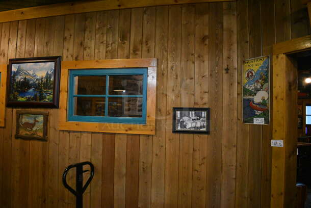 ALL ONE MONEY! Lot of Various Wall Decorations Including 6 Various Signs; Native American Picture, Bird Picture, Mountain Picture, Deer Picture, Dining Room Picture and Vacations For All Sign! BUYER MUST REMOVE - Image 1 of 4