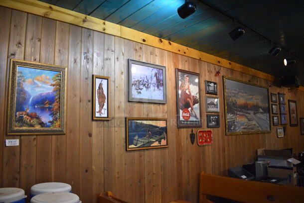 ALL ONE MONEY! Lot of Various Wall Decorations Including Various Pictures, Coca Cola Advertisement, Scenery and Hunters! BUYER MUST REMOVE - Image 1 of 7