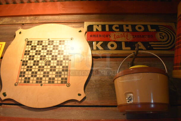 ALL ONE MONEY! Lot of Wall Decor; Signs: Far Fish Game, Notice 100.00 Fine, Food Ta-Go, Chessboard, Nichol Kola and Bucket! BUYER MUST REMOVE - Image 3 of 4