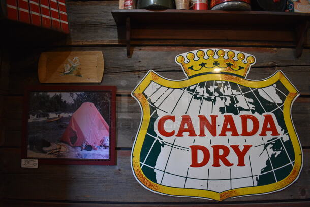 ALL ONE MONEY! Lot of Wall Decor; Shelf of Thermoses, Canada Dry Sign, Camping Passes Sign; Crescent Beverage Sign, Framed Pictures and Metal Grill! BUYER MUST REMOVE - Image 2 of 8