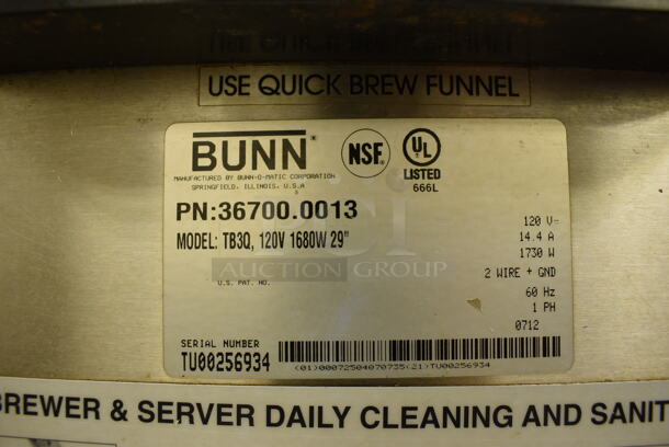 NICE! 2012 Bunn Model TB3Q Stainless Steel Commercial Countertop Iced Tea Machine. 120 Volts, 1 Phase. 12x22x34. Unit Was Working When Restaurant Closed! - Image 3 of 4