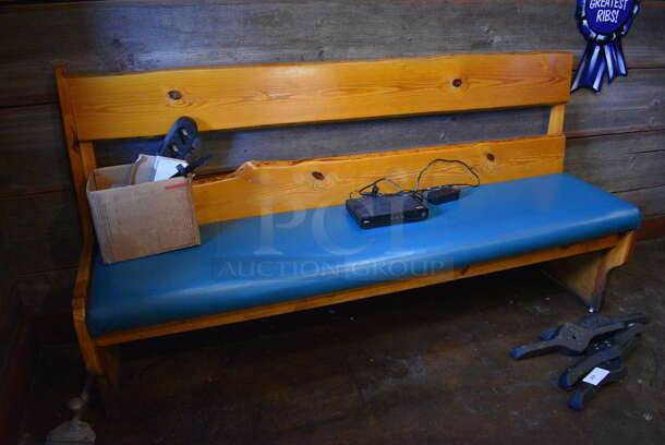 2 Wooden Natural Edge Benches w/ Green Seat Cushion. Does Not Come w/ Contents. 66x22x42, 78x22x40. 2 Times Your Bid!
