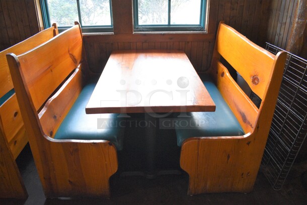 ALL ONE MONEY! Lot of Wooden Table on 2 Black Metal Straight Leg Table Bases and 2 Wooden Natural Edge Benches w/ Green Cushion. 53x30x30, 52x22x42