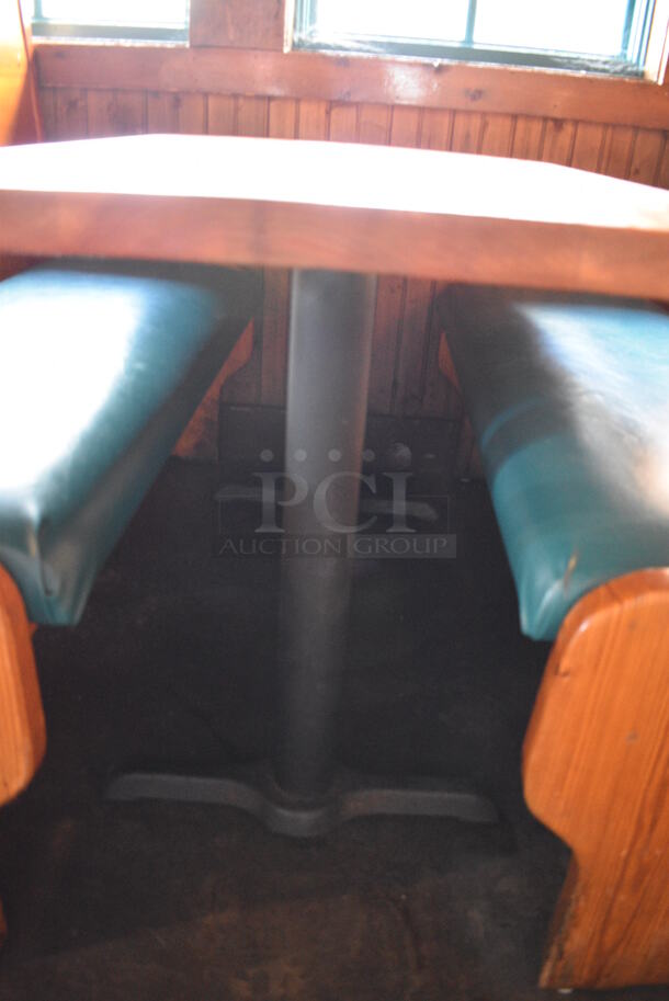 ALL ONE MONEY! Lot of Wooden Table on 2 Black Metal Straight Leg Table Bases and 2 Wooden Natural Edge Benches w/ Green Cushion. 53x30x30, 52x22x42 - Image 4 of 5