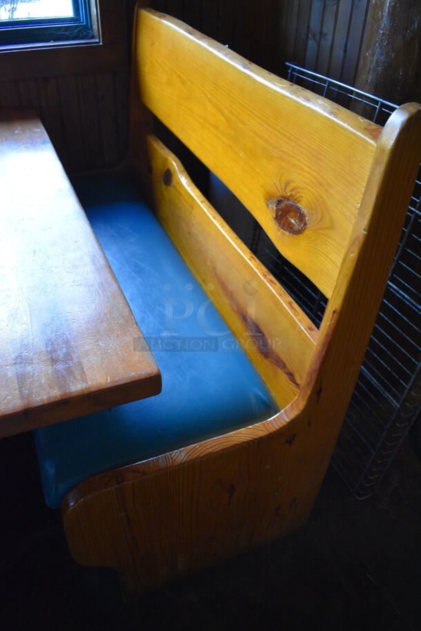 ALL ONE MONEY! Lot of Wooden Table on 2 Black Metal Straight Leg Table Bases and 2 Wooden Natural Edge Benches w/ Green Cushion. 53x30x30, 52x22x42 - Image 5 of 5