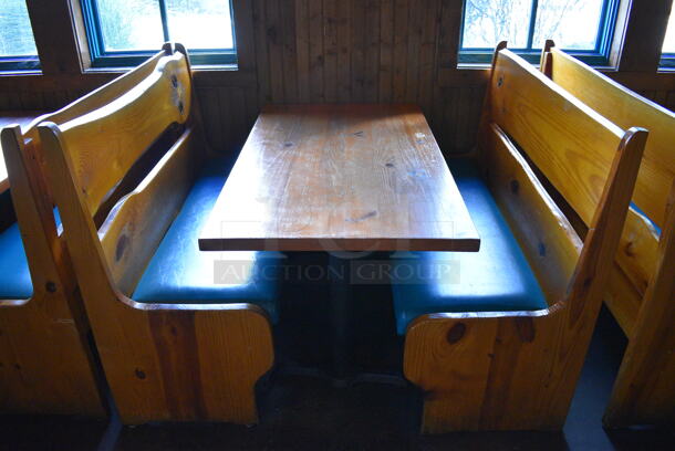 ALL ONE MONEY! Lot of Wooden Table on 2 Black Metal Straight Leg Table Bases and 2 Wooden Natural Edge Benches w/ Green Cushion. 53x30x30, 52x22x42