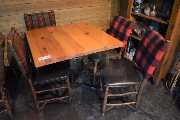 ALL ONE MONEY! Lot of Wooden Table on Black Metal Table Base and 4 Natural Edge Dining Chairs. 36x36x30, 20x17x36