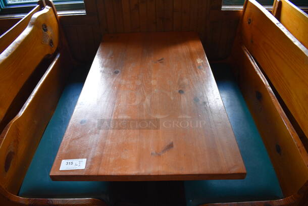 ALL ONE MONEY! Lot of Wooden Table on 2 Black Metal Straight Leg Table Bases and 2 Wooden Natural Edge Benches w/ Green Cushion. 53x30x30, 52x22x42 - Image 3 of 4
