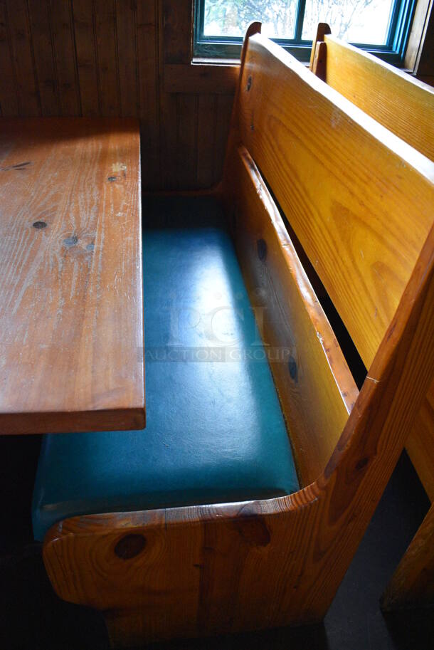 ALL ONE MONEY! Lot of Wooden Table on 2 Black Metal Straight Leg Table Bases and 2 Wooden Natural Edge Benches w/ Green Cushion. 53x30x30, 52x22x42 - Image 4 of 4