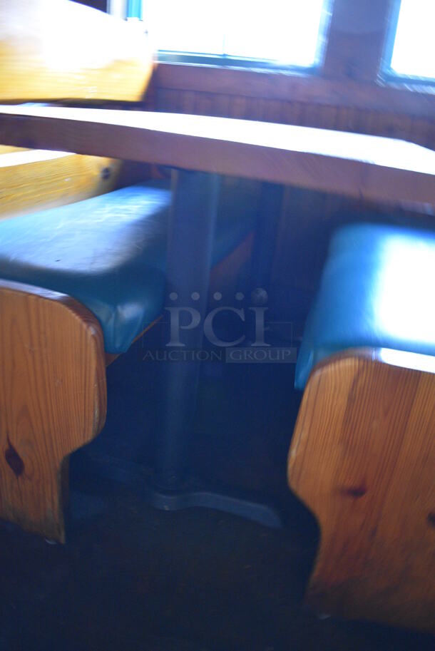 ALL ONE MONEY! Lot of Wooden Table on 2 Black Metal Straight Leg Table Bases and 2 Wooden Natural Edge Benches w/ Green Cushion. 53x30x30, 52x22x42 - Image 3 of 4