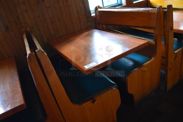 ALL ONE MONEY! Lot of Wooden Table on Black Metal Table Base and 2 Wooden Natural Edge Benches w/ Green Cushion. 48x30x30, 48x22x42 - Image 2 of 4
