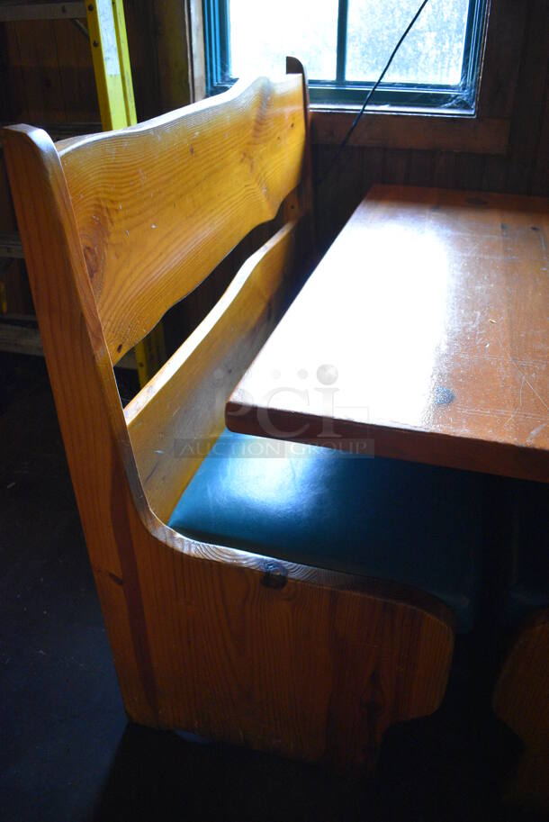 ALL ONE MONEY! Lot of Wooden Table on Black Metal Table Base and 2 Wooden Natural Edge Benches w/ Green Cushion. 48x30x30, 48x22x42 - Image 3 of 4