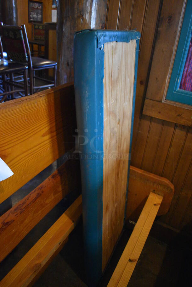 Wooden Natural Edge Benches w/ Green Cushion. See Pictures For Damage. 52x22x42 - Image 3 of 3