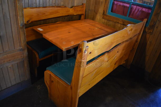 ALL ONE MONEY! Lot of Wooden Table on Black Metal Table Base and 2 Wooden Natural Edge Benches w/ Green Cushion. 53x30x30, 60x22x42, 66x22x42 - Image 1 of 3
