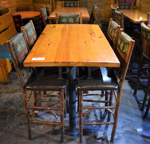 ALL ONE MONEY! Lot of Bar Height Wooden Table on 2 Black Metal Straight Leg Table Bases and 5 Natural Edge Bar Height Chairs. 53x30x43, 20x17x36