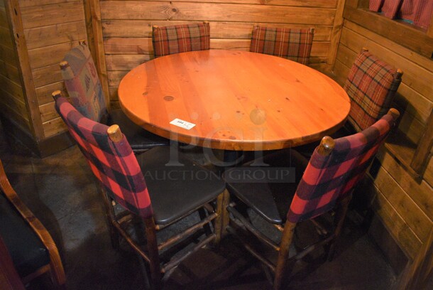 ALL ONE MONEY! Lot of Round Wooden Table on Black Metal Table Base and 6 Natural Edge Dining Chairs. 48x48x30, 20x17x36