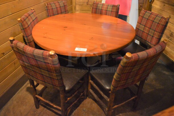 ALL ONE MONEY! Lot of Round Wooden Table on Black Metal Table Base and 6 Natural Edge Dining Chairs. 48x48x30, 20x17x36