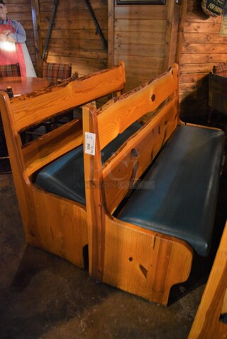 2 Wooden Natural Edge Benches w/ Green Seat Cushion. See Pictures For Damage. 60x22x42, 66x22x42. 2 Times Your Bid!