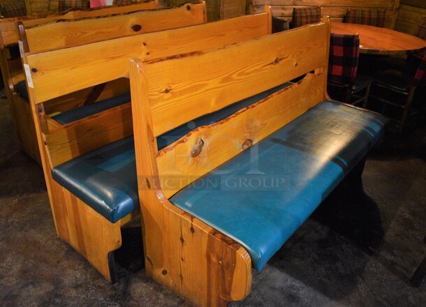 2 Wooden Natural Edge Benches w/ Green Seat Cushion. 78x22x42, 66x22x42. 2 Times Your Bid!