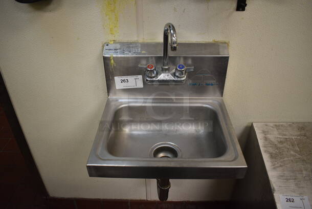 Advance Tabco Stainless Steel Wall Mount Single Bay Sink w/ Faucet and Handles. BUYER MUST REMOVE. 17.5x15.5x20