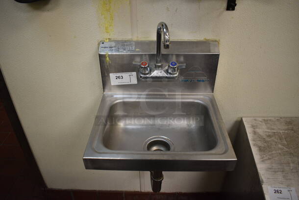 Advance Tabco Stainless Steel Wall Mount Single Bay Sink w/ Faucet and Handles. BUYER MUST REMOVE. 17.5x15.5x20 - Image 1 of 4