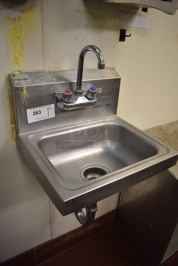 Advance Tabco Stainless Steel Wall Mount Single Bay Sink w/ Faucet and Handles. BUYER MUST REMOVE. 17.5x15.5x20 - Image 4 of 4