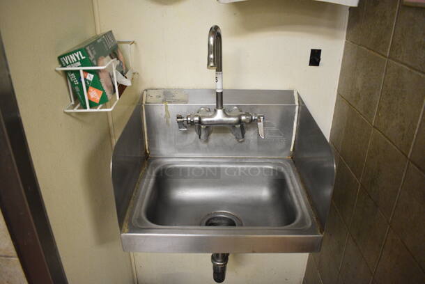 Advance Tabco Stainless Steel Wall Mount Single Bay Sink w/ Side Splash Guards, Faucet and Handles. BUYER MUST REMOVE. 17.5x15x20