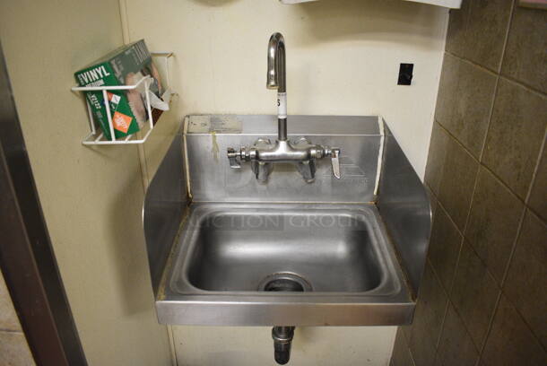 Advance Tabco Stainless Steel Wall Mount Single Bay Sink w/ Side Splash Guards, Faucet and Handles. BUYER MUST REMOVE. 17.5x15x20 - Image 1 of 3