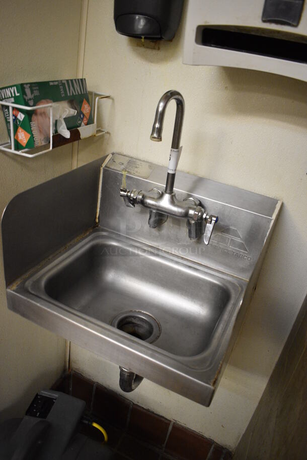 Advance Tabco Stainless Steel Wall Mount Single Bay Sink w/ Side Splash Guards, Faucet and Handles. BUYER MUST REMOVE. 17.5x15x20 - Image 2 of 3