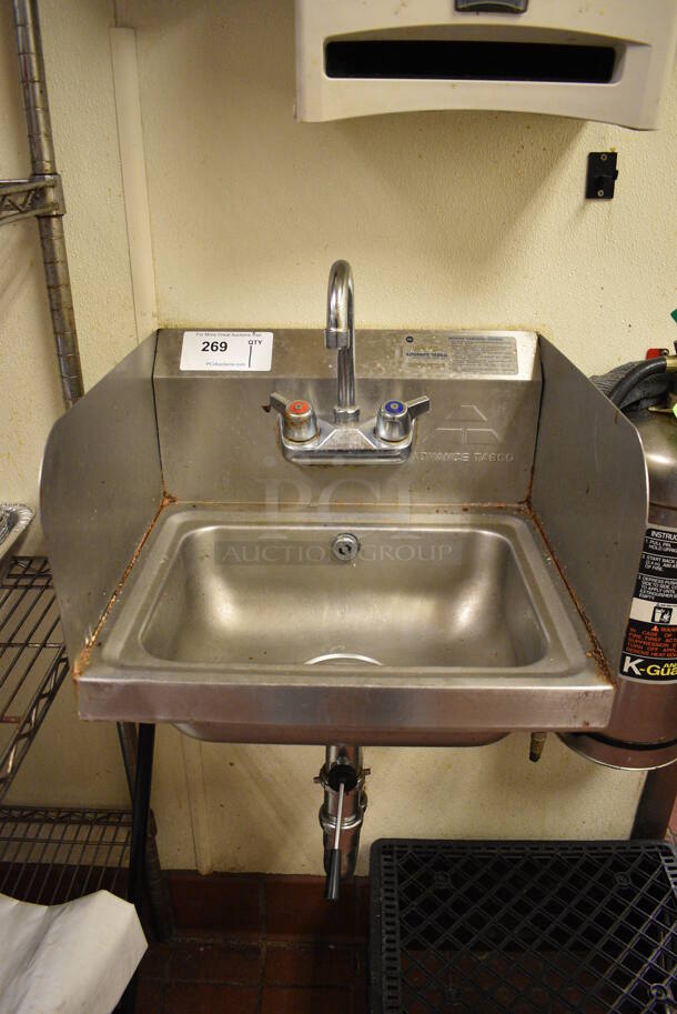 Advance Tabco Stainless Steel Wall Mount Single Bay Sink w/ Side Splash Guards, Faucet and Handles. BUYER MUST REMOVE. 17x15.5x20